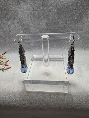 Delicate Silvertone Blue Crystal Teardrop Leaf Dangle Earrings